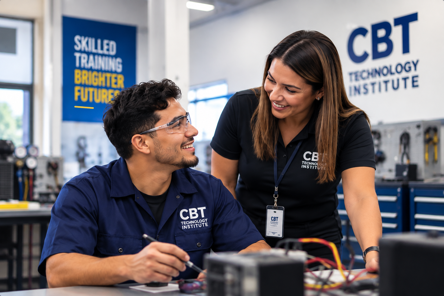 A CBT Technology Institute student working at a lab bench while an instructor looks on.